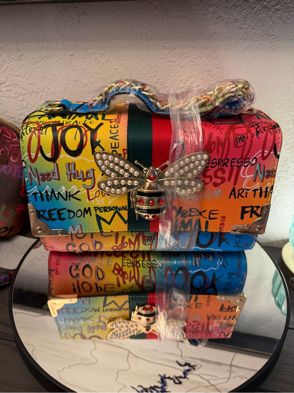 New Rainbow Graffiti Bee-Embellished Crossbody Bag